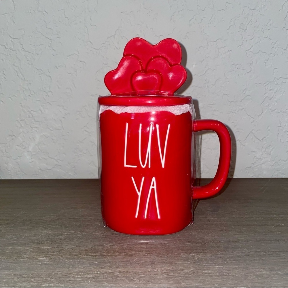 RAE Dunn LUV YA Mug with Figural Heart Topper, Red with White Lettering